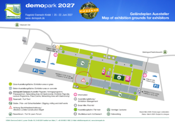 demopark Geländeplan mit Legende und Infos zu Eingängen, Ausstellungsbereichen, Bauhöhen und Sonderflächen