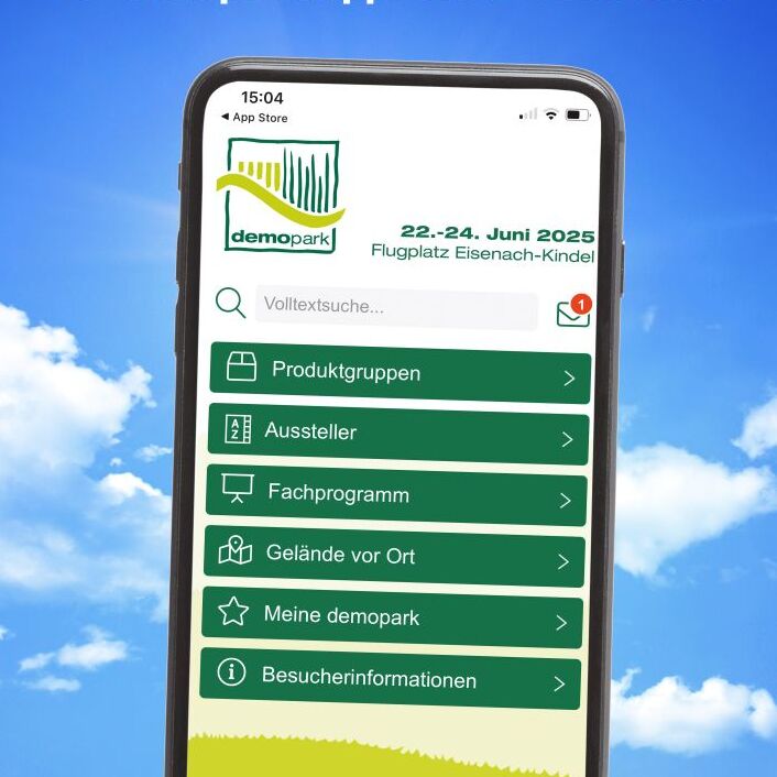 Die demopark-App auf einem Mobiltelefon mit Einblick in die Funktionen und Inhalte der App 