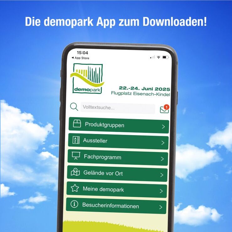 Die demopark-App auf einem Mobiltelefon mit Einblick in die Funktionen und Inhalte der App 