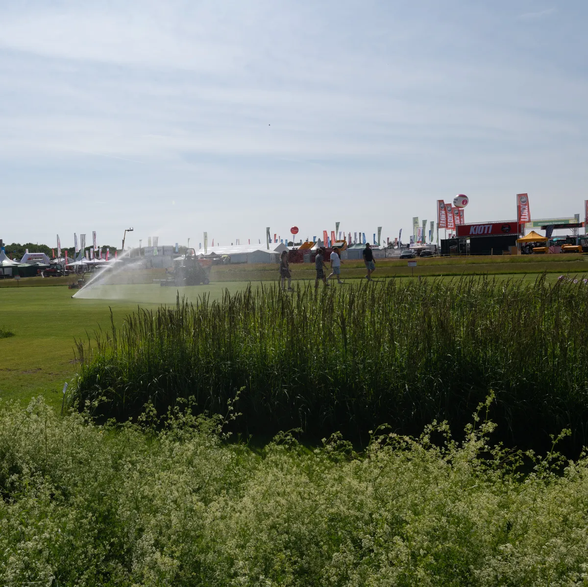 Vorführfläche für Bewässerungs- und Grünflächentechnik auf der demopark mit Beregnungsanlage, Schilfbepflanzung und Ausstellungsständen im Hintergrund.