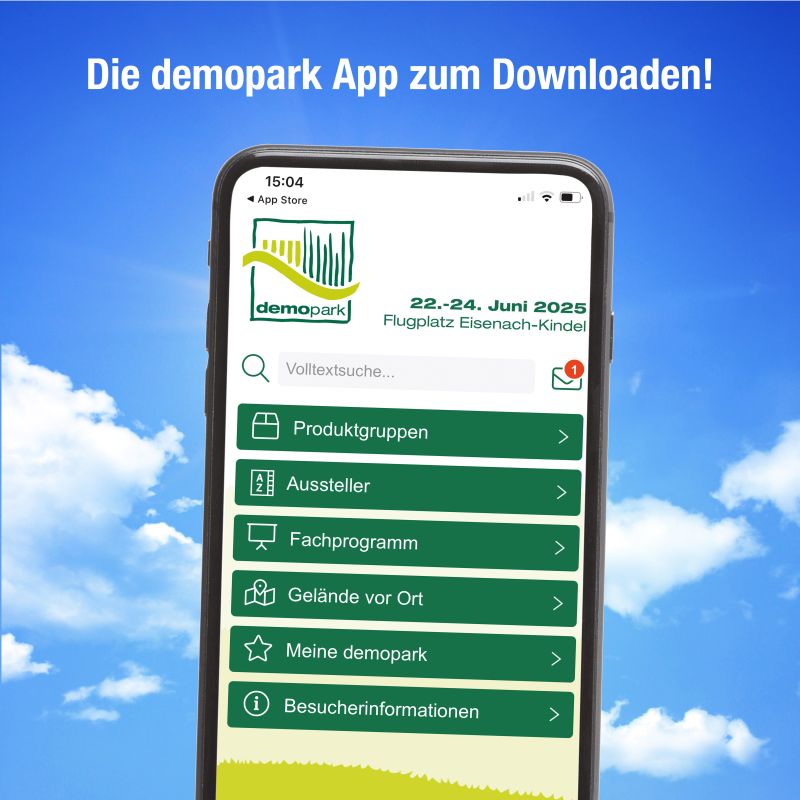 Die demopark-App auf einem Mobiltelefon mit Einblick in die Funktionen und Inhalte der App 